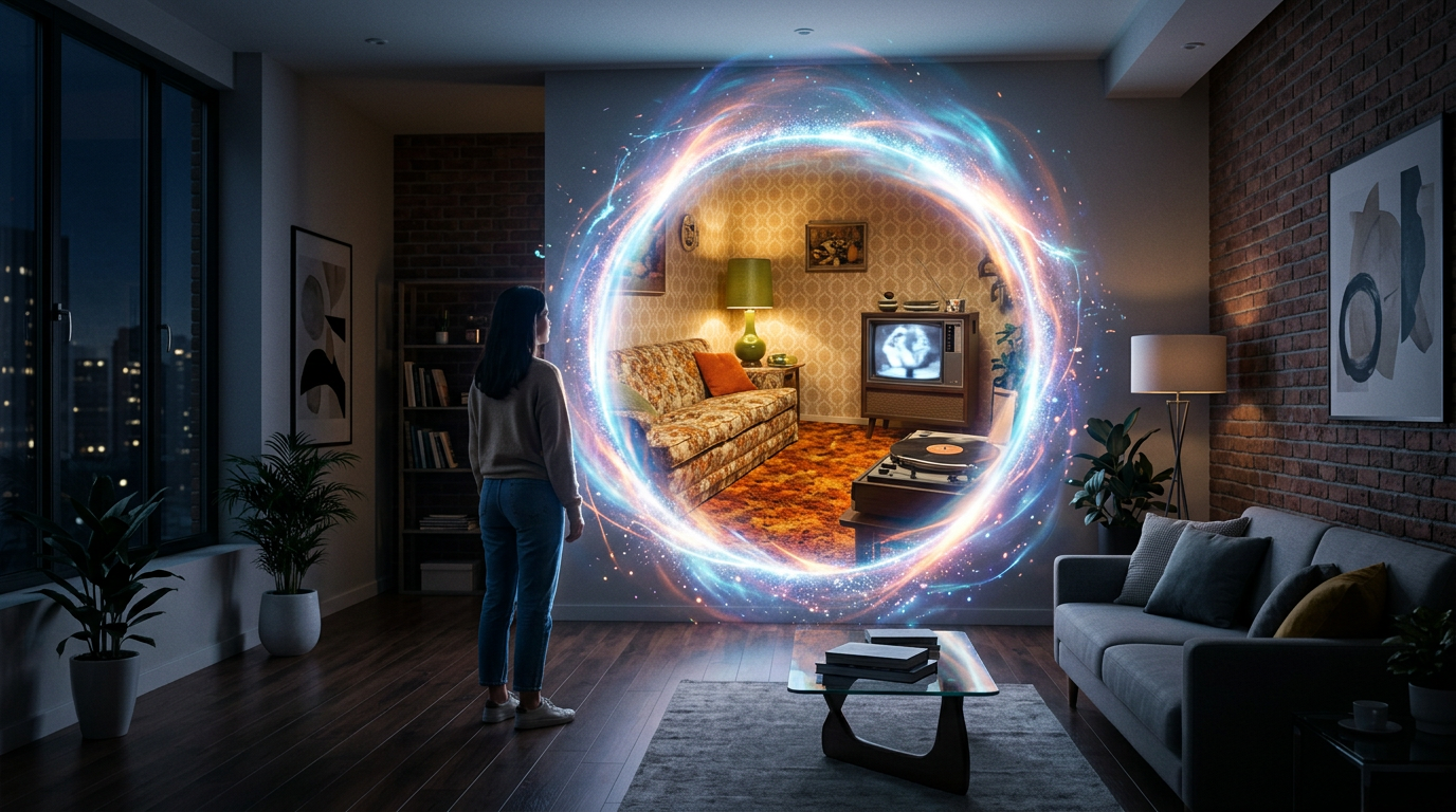 Woman looking at glowing portal showing vintage living room with patterned carpet and old TV