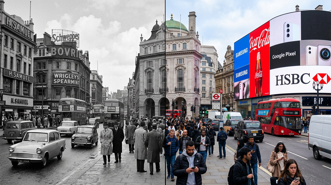 Piccadilly Circus street scene half in black and white showing historic buildings and vehicles, half in color with modern advertisements and people