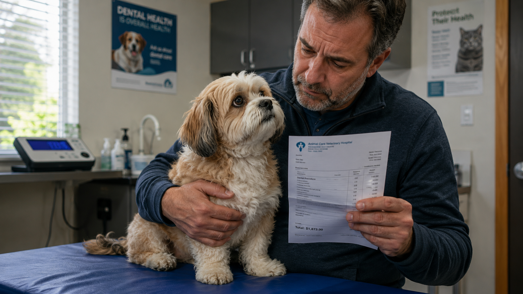 Flashback Fun: Man holding small dog and reading veterinary hospital bill