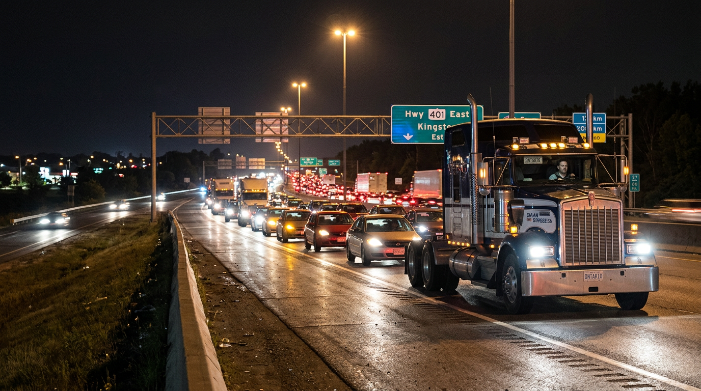 Nighttime traffic jam on Highway 401 with cars and trucks