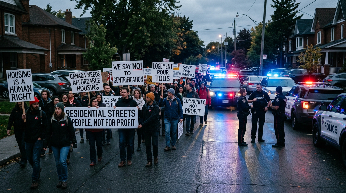 Immigration Crisis in Canada: Noise, Crime, Soft Justice and Liberal Lies (07-25-2026) 1 Group of protesters holding signs about affordable housing and anti-gentrification, police blocking street